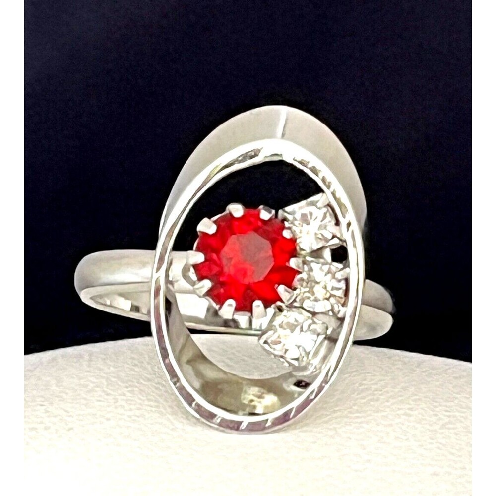 Vintage 1960s Cocktail Ring Silver Tone Red Crystal Rhinestones Mid Century - 4K